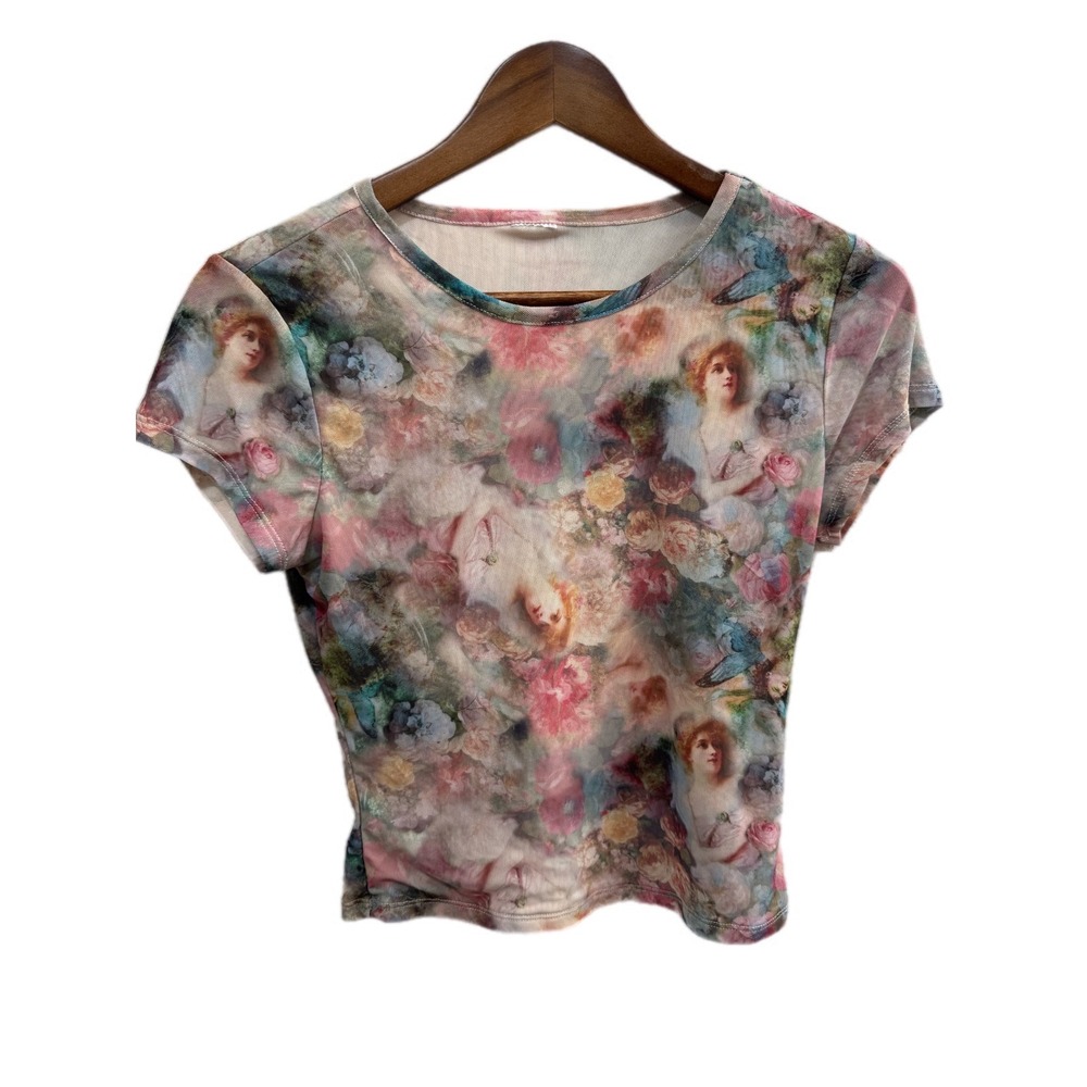 Unbranded‎ Renaissance Mesh Baby Tee Womens S Pink Floral Oil Painting Excellent